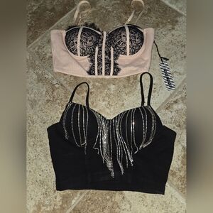 NWT 2 Women's Beaded Rhinestone Bustier Crop Top Corset Top - Black